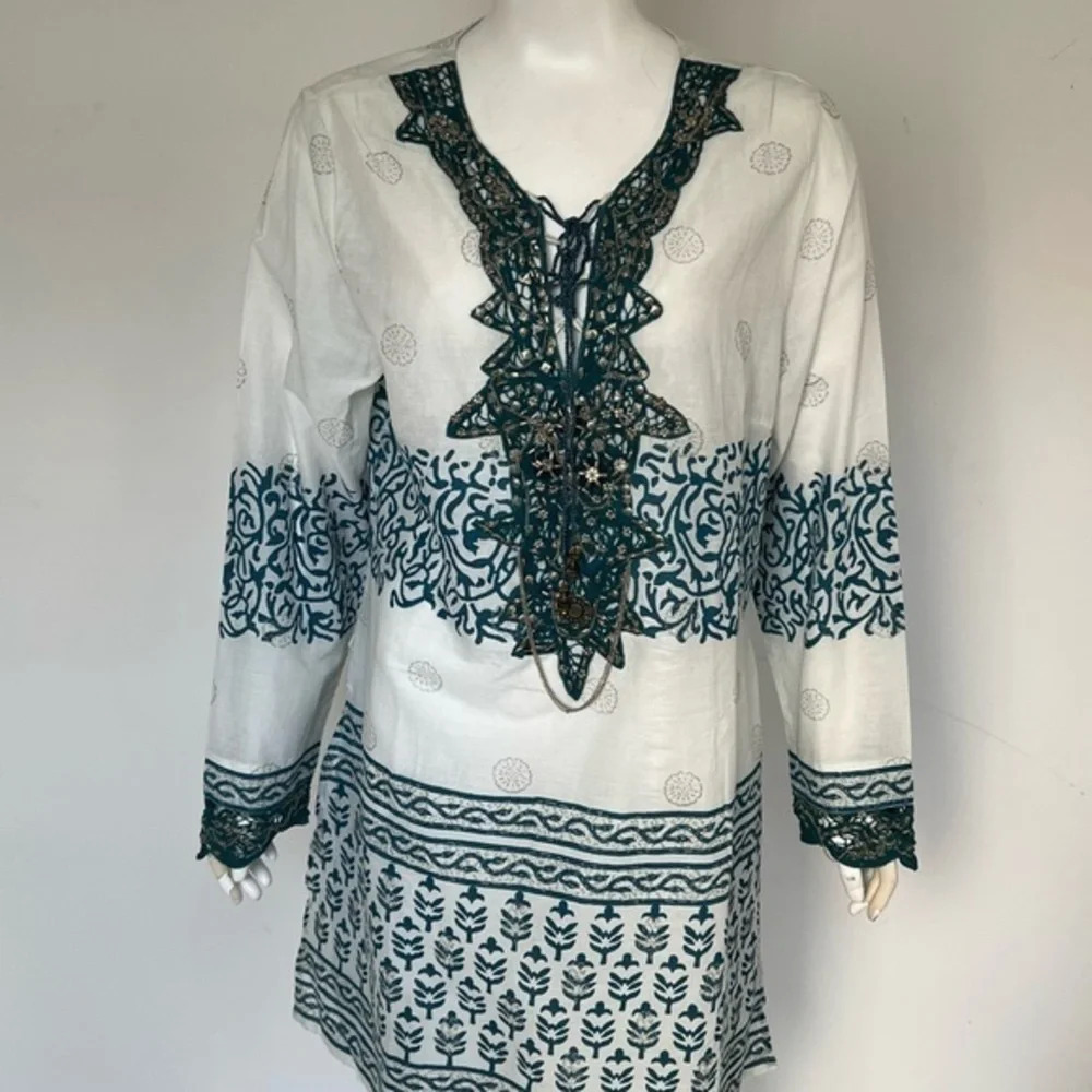 BoHo Tunic Blue Made in the RIVA USA Embroidery Chains Tie Neck Sz XXL NWT